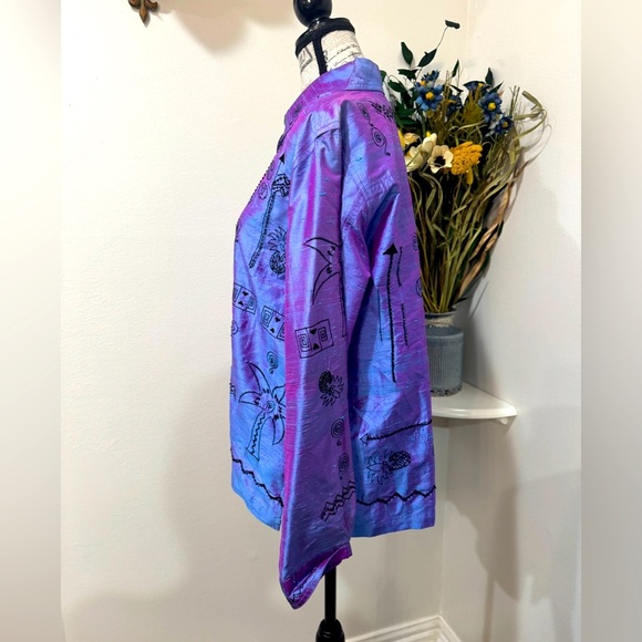 Bleu Bayou Silk Shirt/ Purple/Blue, Button-Up, decorative beads Size Large - Picture 6 of 9